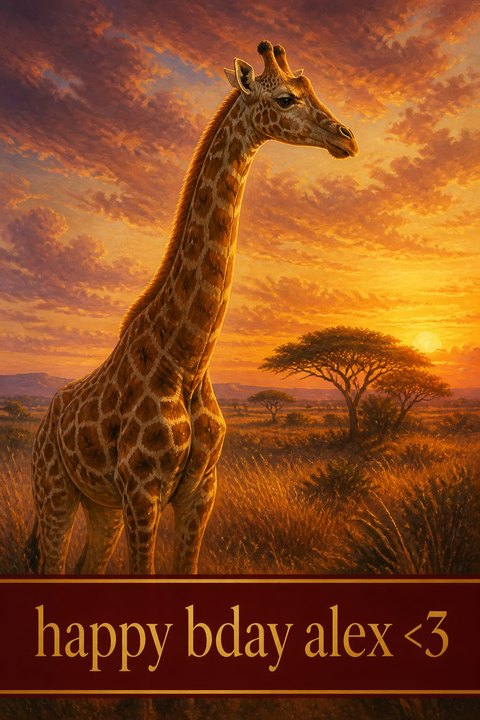 Birthday card of a giraffe on the savanna at sunset, reading happy bday alex