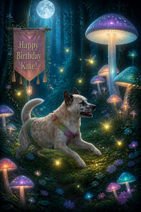 Birthday card of a dog running through a glowing mushroom forest under a full moon, reading Happy Birthday Kate