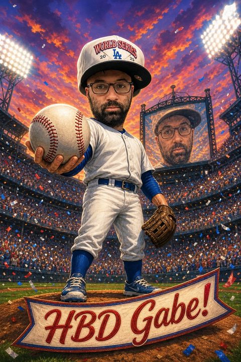Birthday card of a baseball player caricature made from a photo, holding a ball in a packed stadium, reading HBD Gabe