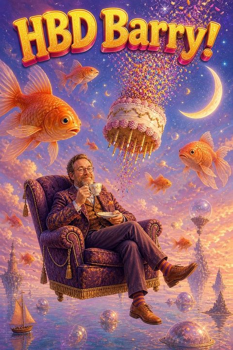Birthday card of a man having tea in an armchair among flying goldfish and a floating cake, reading HBD Barry
